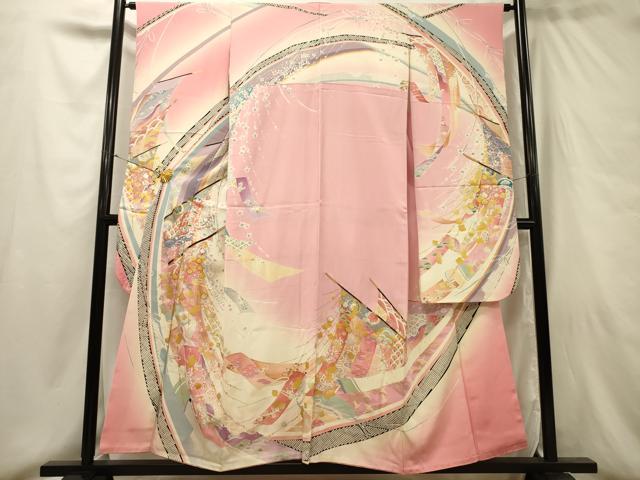 平和屋着物○豪華振袖 駒刺繍 地紙鳳凰花文 暈し染め 金彩 正絹