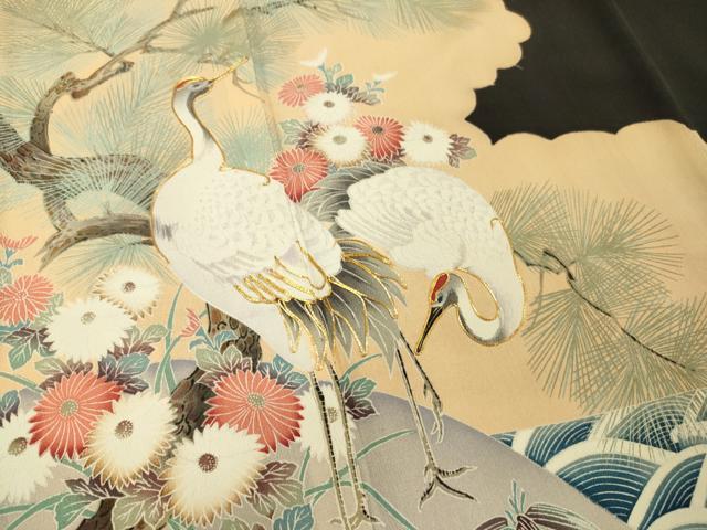 平和屋着物■豪華黒留袖 駒刺繍 群鶴花松文 正絹 逸品 DAAR3238zy