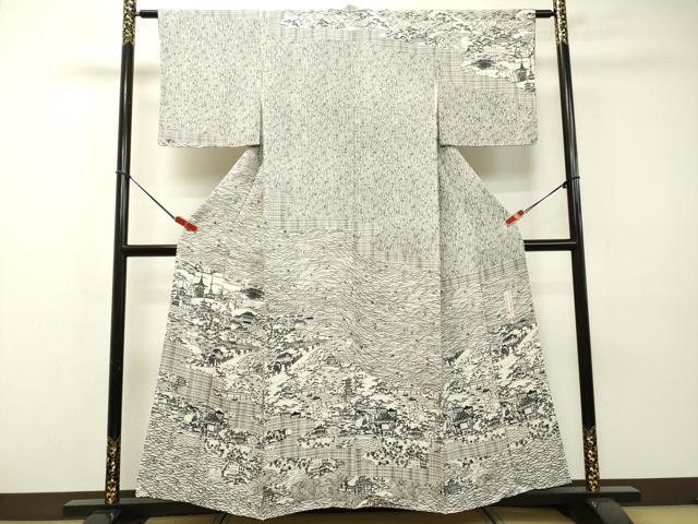 平和屋着物●人間国宝・南部芳松の息子 伝統工芸伝承者彫刻・南部幸雄 型染 訪問着 人物風景文 鬼しぼ縮緬 正絹 逸品 DAAR4349tw
