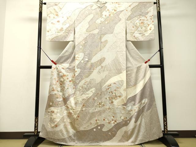 平和屋着物●訪問着 絞り 流水鴛鴦草花文 金彩 正絹 逸品 DAAR4362tw