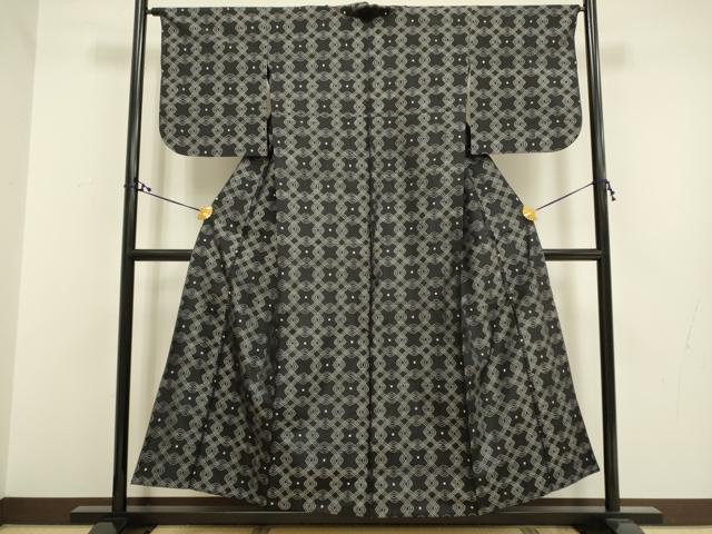 平和屋着物▽上質な紬 単衣 菱文 黒地 正絹 逸品 DAAR5497du