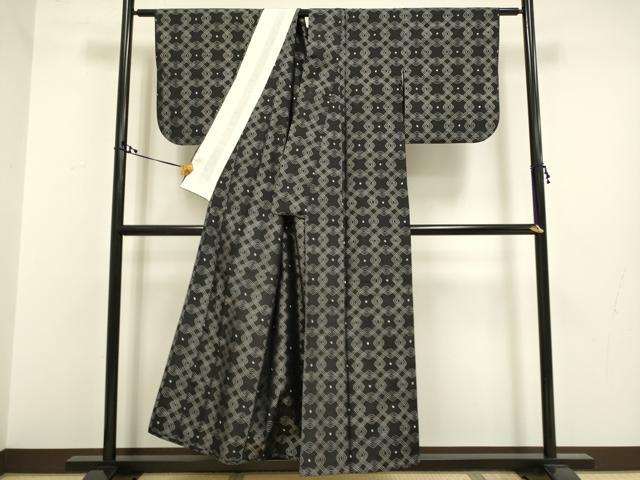 平和屋着物▽上質な紬 単衣 菱文 黒地 正絹 逸品 DAAR5497du