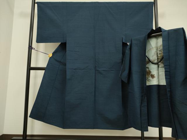平和屋着物▽男性 紬 単衣 アンサンブル 暗い藍鉄色 正絹 逸品 DAAR5515du