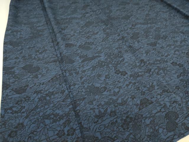 平和屋着物▽本藍 型絵染 小紋 単衣 風景花文 反端付き 正絹 逸品 DAAS0066az