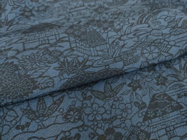 平和屋着物▽本藍 型絵染 小紋 単衣 風景花文 反端付き 正絹 逸品 DAAS0066az