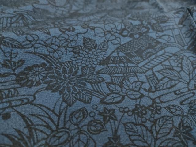 平和屋着物▽本藍 型絵染 小紋 単衣 風景花文 反端付き 正絹 逸品 DAAS0066az