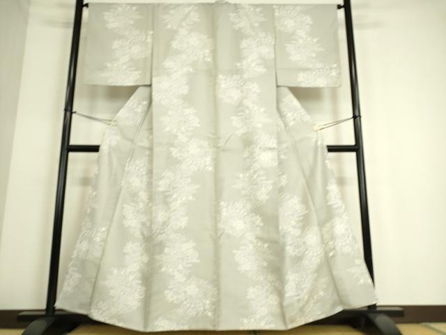 平和屋着物▽上質な紬 単衣 霞菊牡丹文 正絹 逸品 DAAS0076az