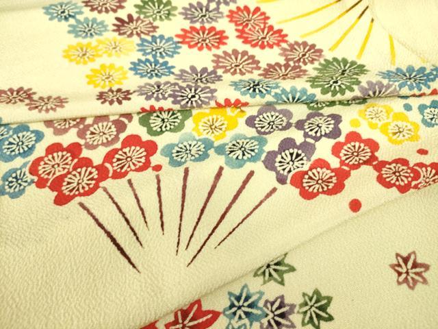 平和屋着物▽上質な小紋 単衣 型染 扇面花文 鬼しぼ縮緬 正絹 逸品 DAAS0124az