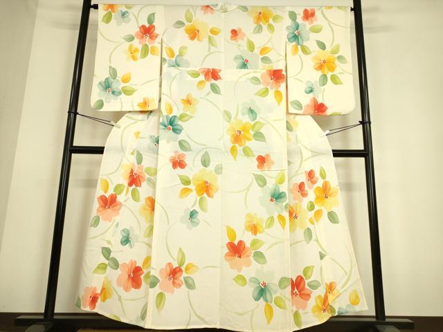 平和屋着物▽上質な小紋 単衣 草花文 手描き 鬼しぼ縮緬 正絹 逸品 DAAS0161az
