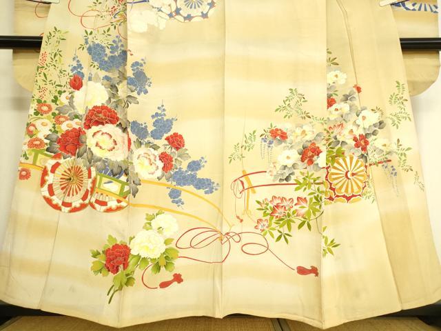 平和屋着物▽アンティーク 大正ロマン 振袖 単衣 刺繍 花車文 暈し染め 金彩 正絹 逸品 DAAS0240az