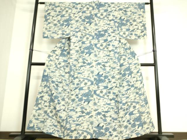 平和屋着物▽本藍 型染 小紋 単衣 流水花鳥文 正絹 逸品 DAAS0252az
