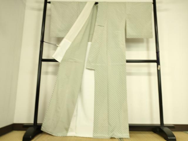 平和屋着物▽上質なお召 単衣 斜縞 正絹 逸品 DAAS0337az