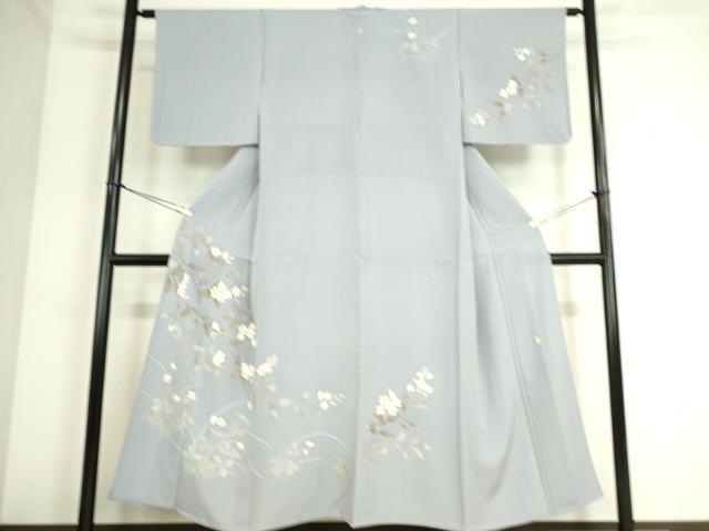 平和屋着物▽訪問着 単衣 友禅 作家物 草花文 藤鼠色地 正絹 逸品 DAAS0351az