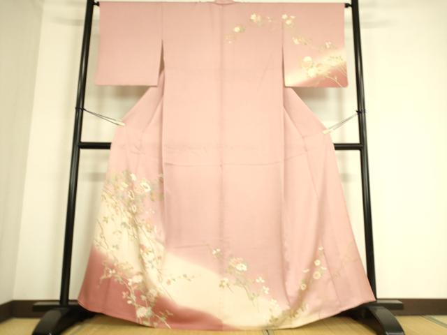平和屋着物▽訪問着 単衣 菊牡丹文 暈し染め 金彩 正絹 逸品 DAAS0724az