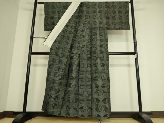 平和屋着物▽上質な紬 単衣 幾何学文 正絹 逸品 DAAS0910az