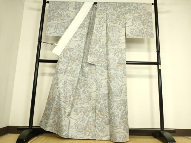 平和屋着物▽上質な紬 単衣 風景樹林文 正絹 逸品 DAAS0912az