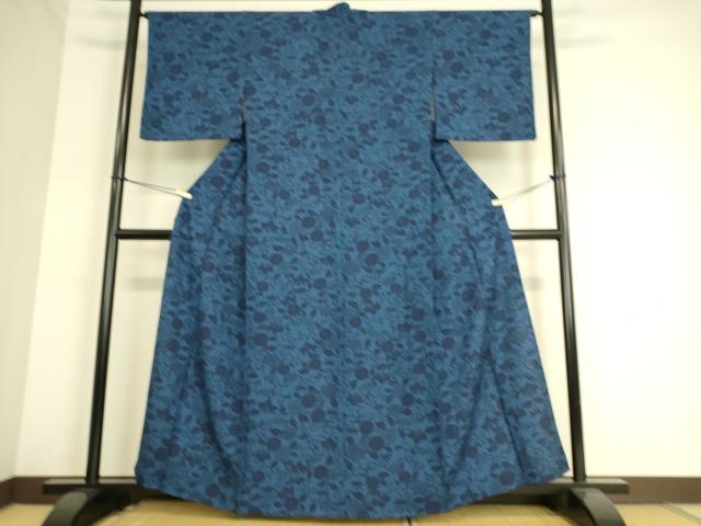 平和屋着物▽本藍 型絵染 小紋 単衣 菊唐草文 正絹 逸品 DAAS0938az