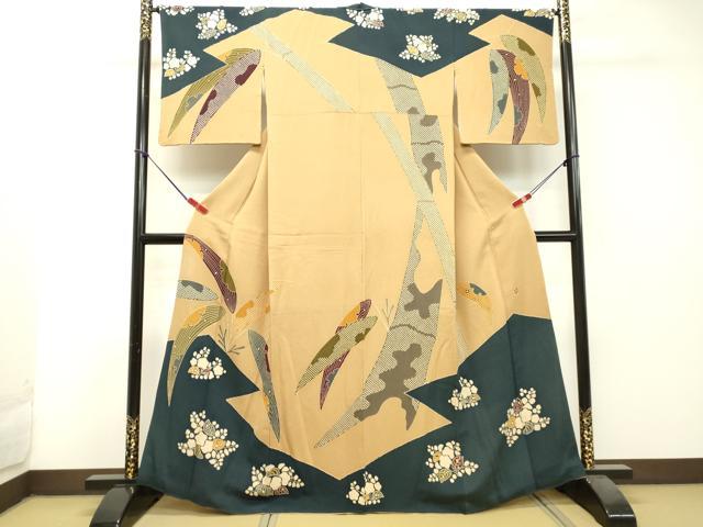 平和屋着物●和染紅型 栗山紅型 栗山吉三郎 訪問着 草葉文 鬼しぼ縮緬 正絹 逸品 DAAS2330tw