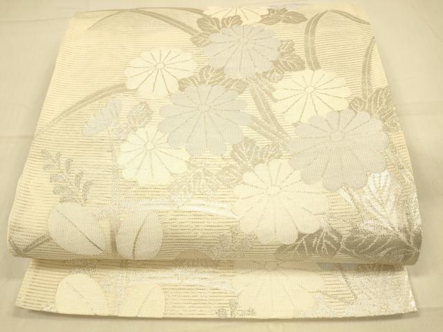 平和屋着物*夏物 六通柄袋帯 草花文 銀糸 正絹 逸品 DAAS2555cm