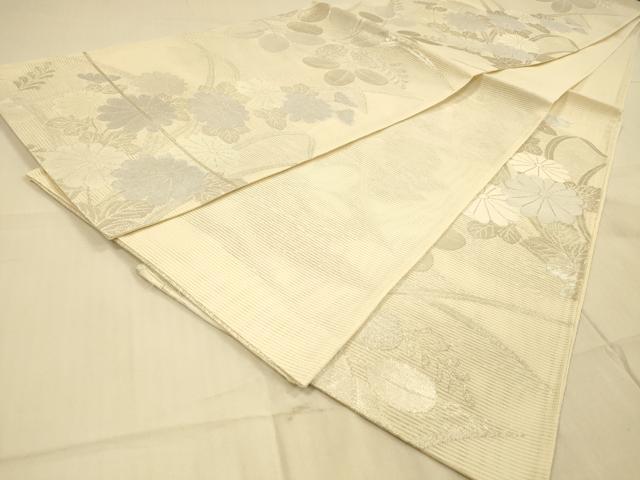 平和屋着物*夏物 六通柄袋帯 草花文 銀糸 正絹 逸品 DAAS2555cm