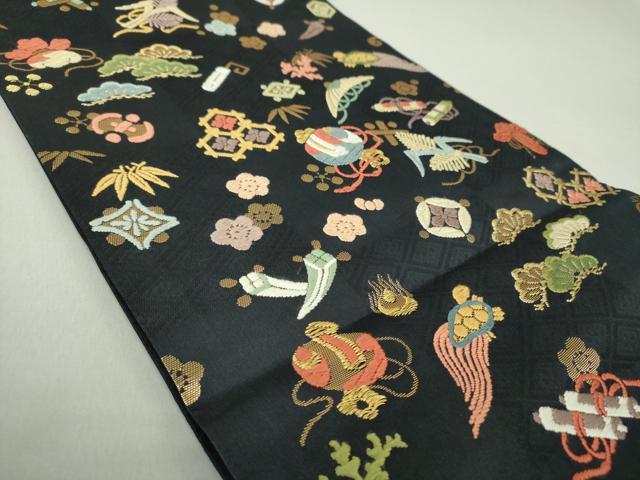 平和屋着物●九寸開き名古屋帯 唐織 宝尽くし花文 黒地 金糸 正絹 逸品 DAAS3103ps