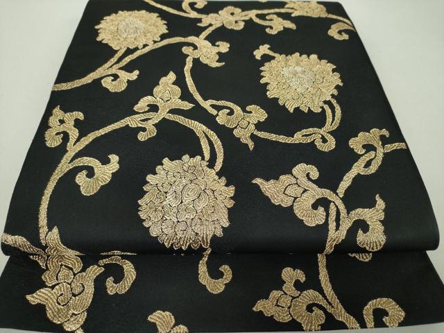平和屋着物●六通柄 本袋帯 牡丹唐草 黒地 金糸 正絹 逸品 未使用 DAAS3613ps