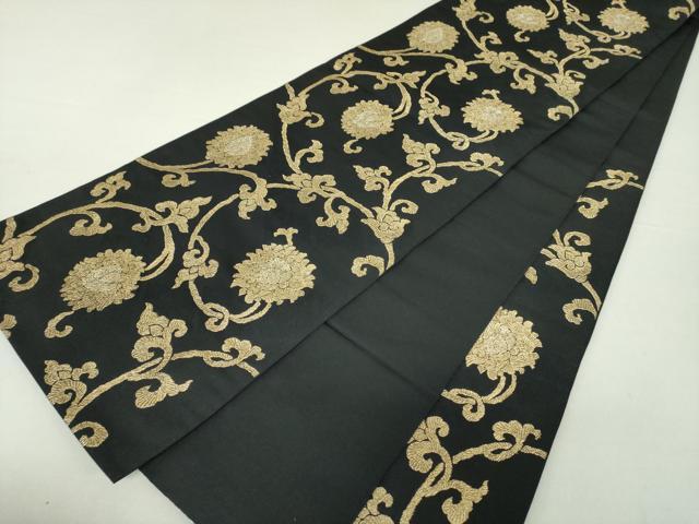 平和屋着物●六通柄 本袋帯 牡丹唐草 黒地 金糸 正絹 逸品 未使用 DAAS3613ps