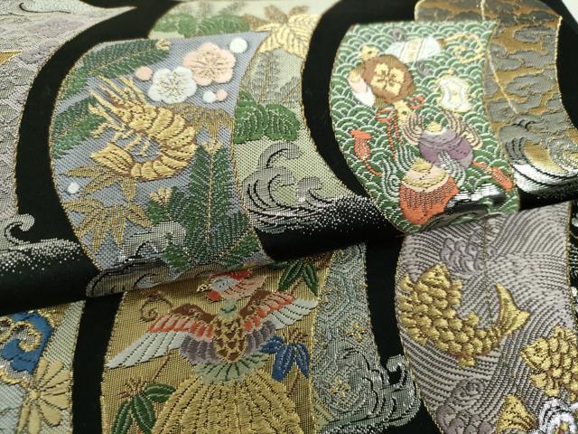 平和屋着物●六通柄袋帯 吉祥細微織 九百織 帆掛け舟 黒地 金銀糸 正絹 逸品 DAAS3623ps