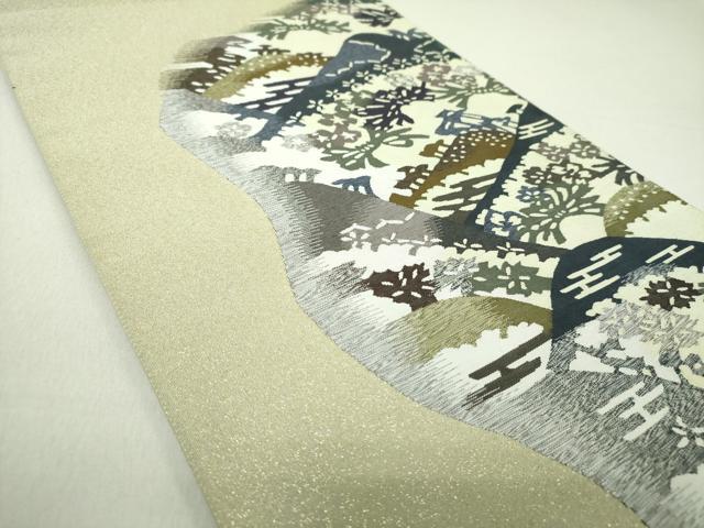 平和屋着物●爪掻き本綴れ 六通柄袋帯 風景花文 金糸 正絹 逸品 未使用 DAAS3634ps
