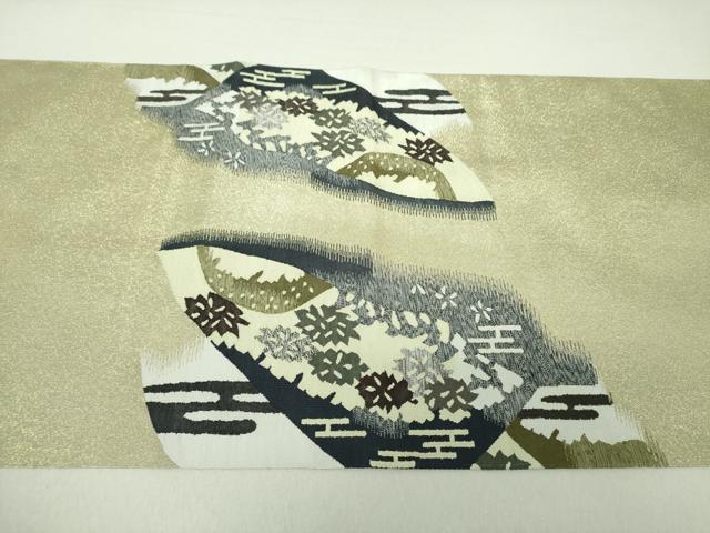 平和屋着物●爪掻き本綴れ 六通柄袋帯 風景花文 金糸 正絹 逸品 未使用 DAAS3634ps