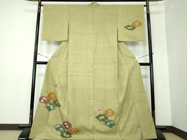 平和屋着物●生紬 訪問着 絞り 手描き 葡萄蔦の葉菱文 正絹 逸品 DAAS3792ps