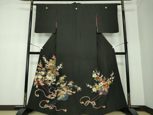 平和屋着物●アンティーク 大正ロマン 黒留袖 駒刺繍 吉祥花車文 金彩 正絹 逸品 DAAS3868ps