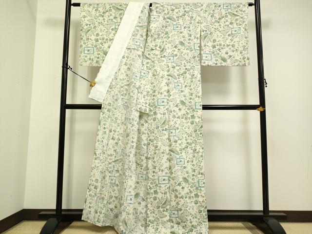 平和屋着物▽小紋 単衣 枝梅に休み鳥 鈴 洗える着物 DAAS4004du