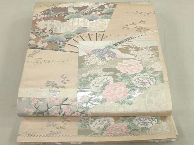 平和屋着物◎六通柄袋帯 唐織 色紙花鳥文 銀糸 正絹 逸品 DAAS7218xg