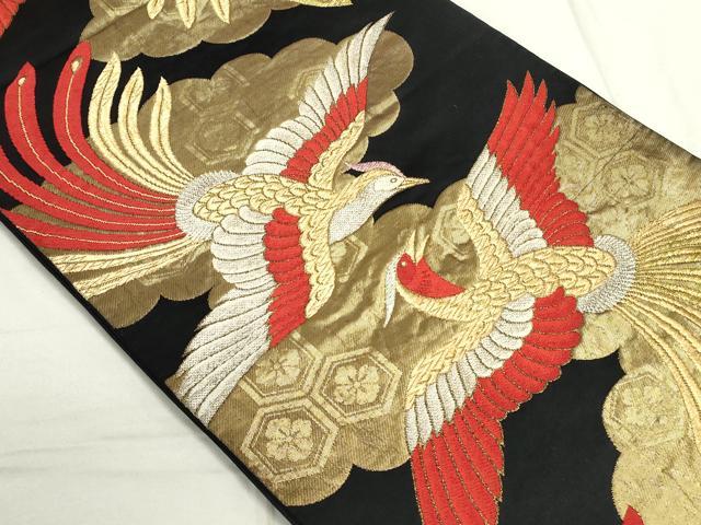 平和屋着物◎六通柄袋帯 雲取り飛鳥文 都緞子 黒地 金銀糸 正絹 逸品 DAAS7242xg