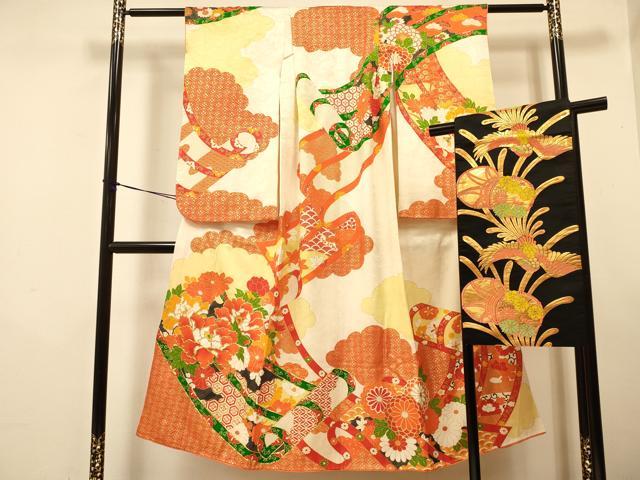 平和屋着物∵女の子 十三参り 子供 祝着・袋帯セット 駒刺繍 絵巻牡丹花文 金彩 逸品 DAAS9005ma