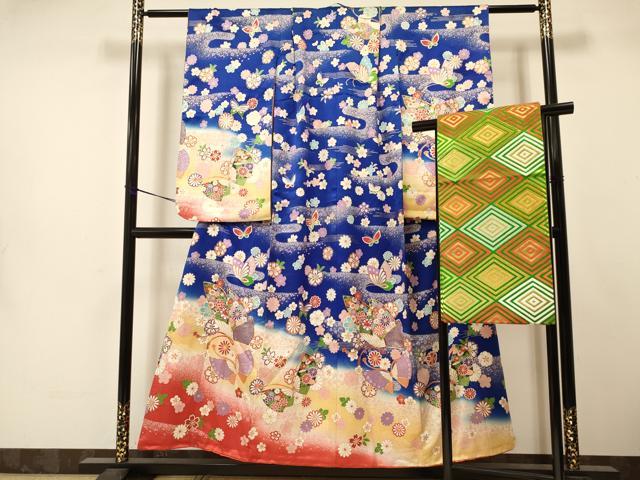 平和屋着物∵女の子 十三参り 子供 祝着・袋帯セット 駒刺繍 花蝶文 暈し染め 金彩 逸品 DAAS9066ma