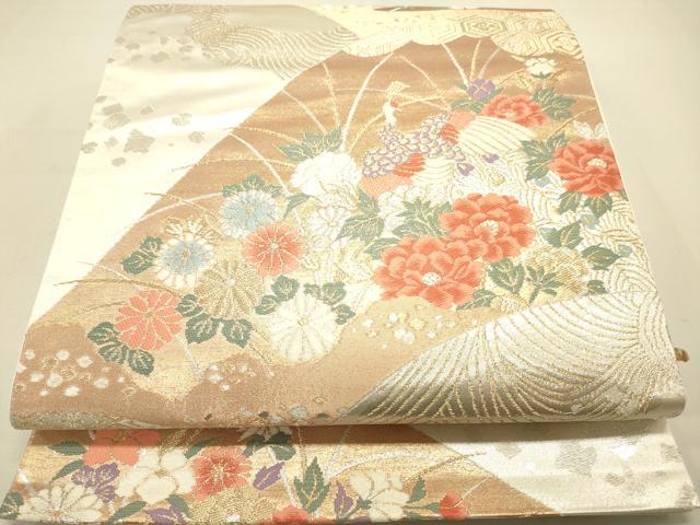 平和屋着物◎六通柄袋帯 遠山孔雀花文 金銀糸 正絹 逸品 DAAS9674zy