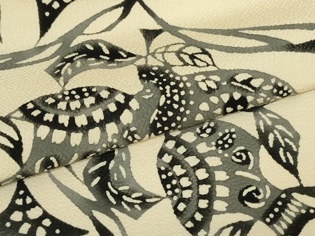 平和屋着物●九寸開き名古屋帯 型染め 花鳥文 鬼しぼ縮緬 正絹 逸品 DAAT0341ob