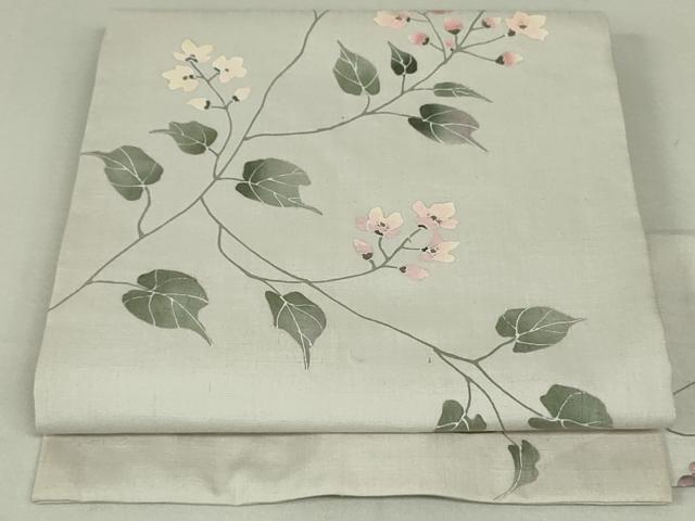 平和屋着物●手描染 安藤松岳 九寸名古屋帯 紬地 枝花文 正絹 逸品 DAAT0417ob