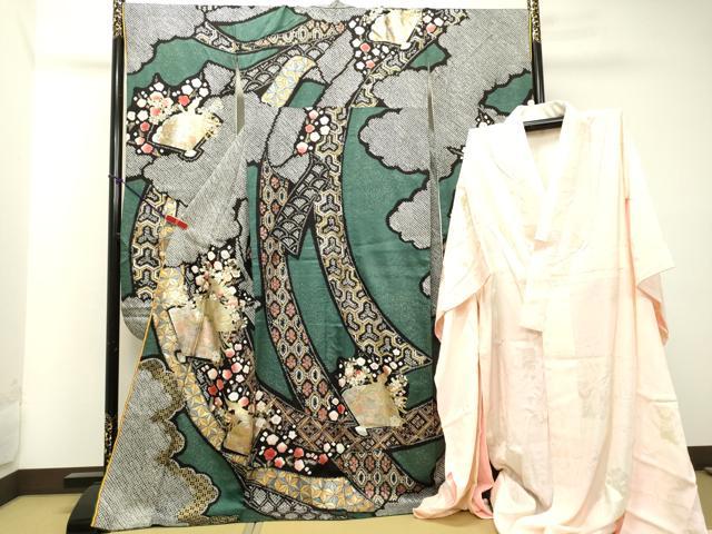 平和屋着物●豪華振袖・長襦袢セット(無双仕立て) 絞り 鳳凰扇面草花文 金銀彩 正絹 逸品 DAAT1085tw