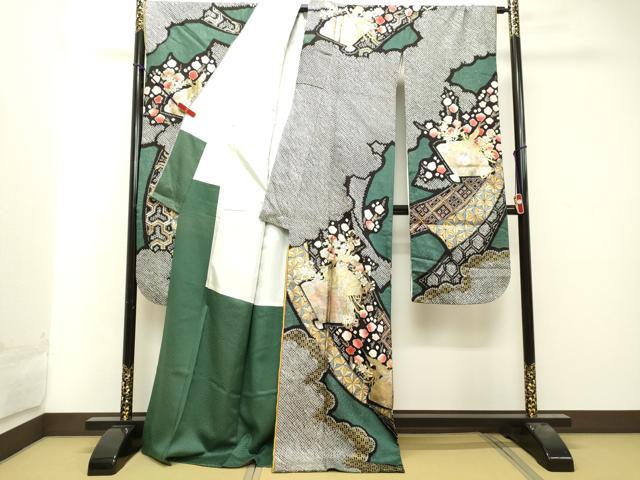 平和屋着物●豪華振袖・長襦袢セット(無双仕立て) 絞り 鳳凰扇面草花文 金銀彩 正絹 逸品 DAAT1085tw