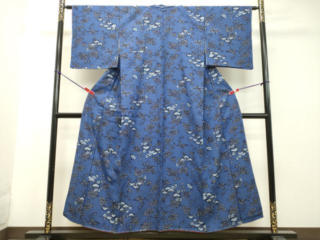 平和屋着物●本藍 型絵染 小紋 紬地 花鳥文 正絹 逸品 DAAT1298tw