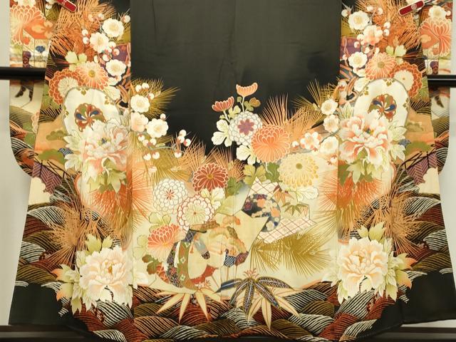 平和屋着物●アンティーク 大正ロマン 振袖 駒刺繍 草花笹松文 黒地 金彩 正絹 逸品 DAAT1414tw