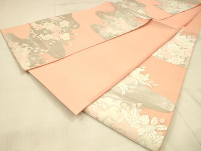 平和屋着物*夏物 六通柄袋帯 流水草花文 銀糸 正絹 逸品 DAAT1573cm