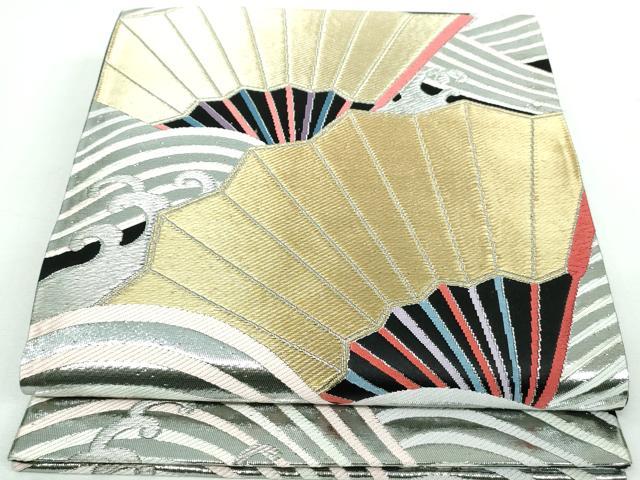 平和屋着物◎六通柄袋帯 唐織 扇面立波文 黒地 金銀糸 正絹 逸品 DAAT2428qa