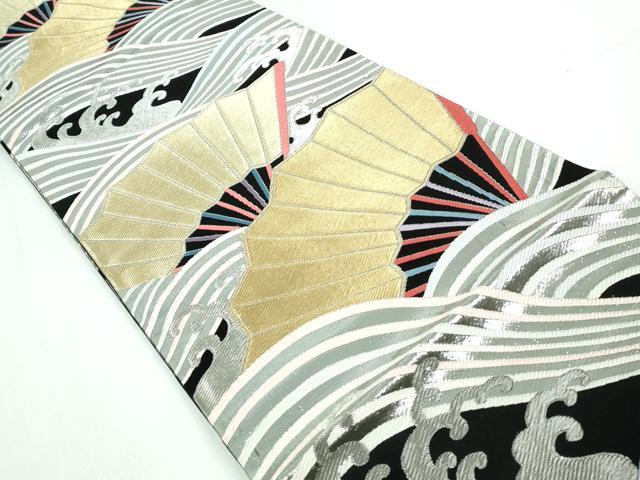 平和屋着物◎六通柄袋帯 唐織 扇面立波文 黒地 金銀糸 正絹 逸品 DAAT2428qa