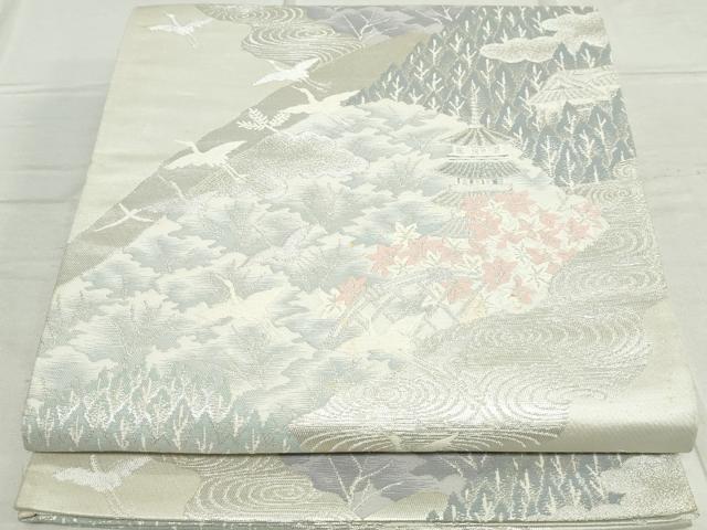 平和屋着物◎六通柄袋帯 唐織 風景花松文 飛鶴 銀糸 正絹 逸品 DAAT2492qa