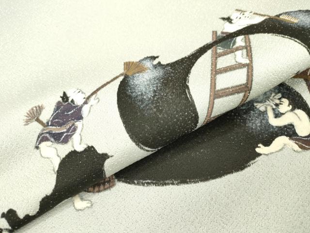 平和屋着物▼希少 太鼓柄袋帯 手描き 心洗う 人物文 銀通し地 正絹 逸品 DAAT3432fe