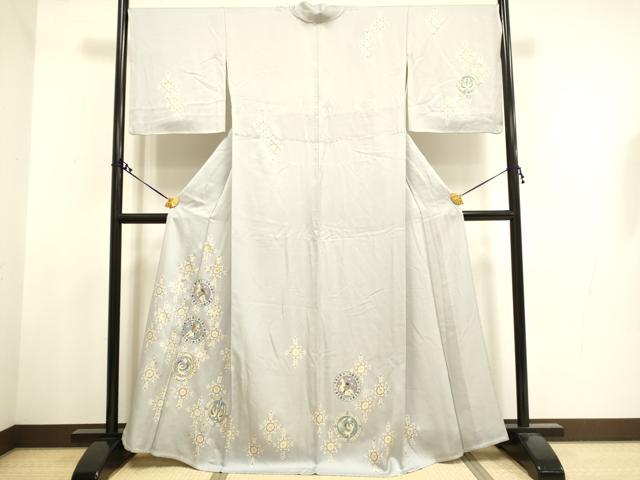 平和屋着物▽訪問着 単衣 駒刺繍 狩猟花鳥文 銀彩 正絹 逸品 DAAT4421du